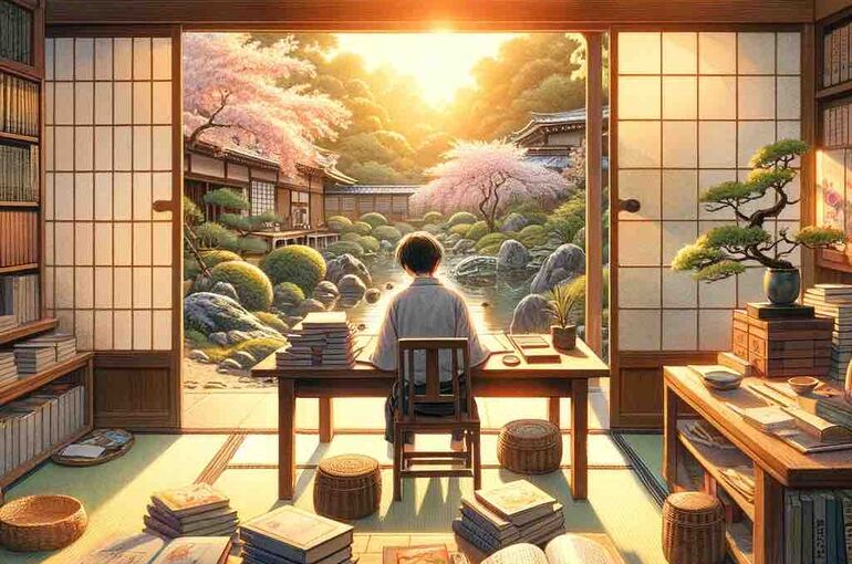 DALL·E 2024-02-20 09.54.06 - A serene and inspiring Japanese study room, filled with books and a large window overlooking a beautiful garden. Inside, a young student sits at a tra