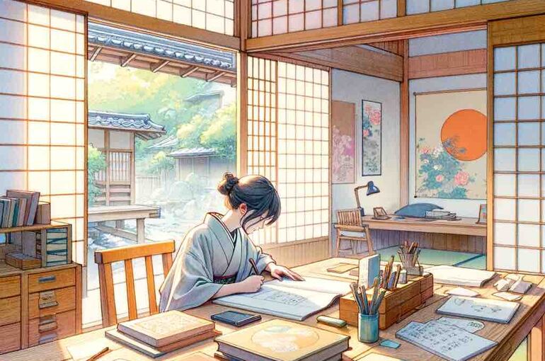 DALL·E 2024-02-21 09.46.38 - A serene and colorful scene depicting a Japanese student sitting at a traditional wooden desk in a softly lit room, surrounded by books and study mate