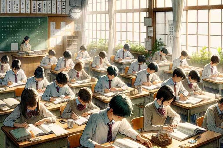 DALL·E 2024-02-21 10.23.06 - A serene Japanese classroom scene, captured in watercolor and animation style, where students of diverse ages are deeply engrossed in their studies. T