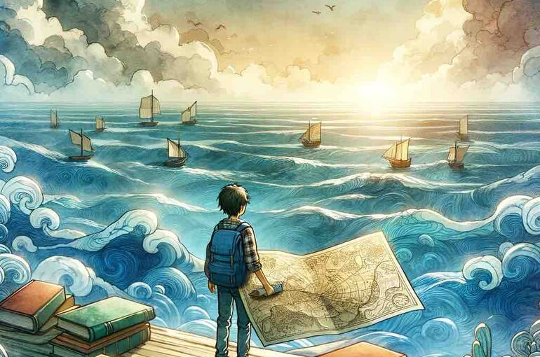 DALL·E 2024-02-24 11.09.19 - In a serene watercolor and animation style reminiscent of Japanese artwork, depict a young student standing at the edge of a vast ocean, holding an in