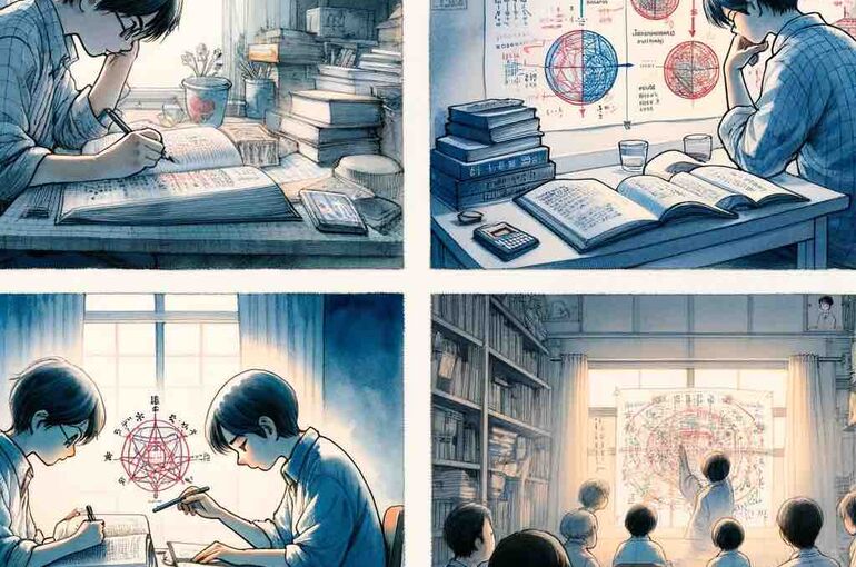 DALL·E 2024-02-25 10.49.57 - A series of illustrations depicting the process of deepening understanding in learning, in a Japanese watercolor and animation style. The first image 